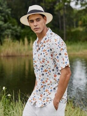 NWT XXL Space Planet Print Hawaiian Camp Shirt Wrinkle Free Stretch Button Down